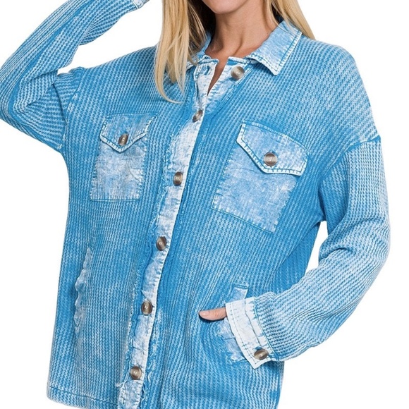 Zenana Mixed Media Acid Wash Burnt Blue Cotton Shacket Textured Button Up New - Picture 1 of 5